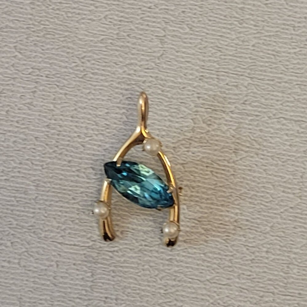 Vintage Gold-Tone Wishbone Brooch With Blue Rhinestone & Faux Pearl Accents